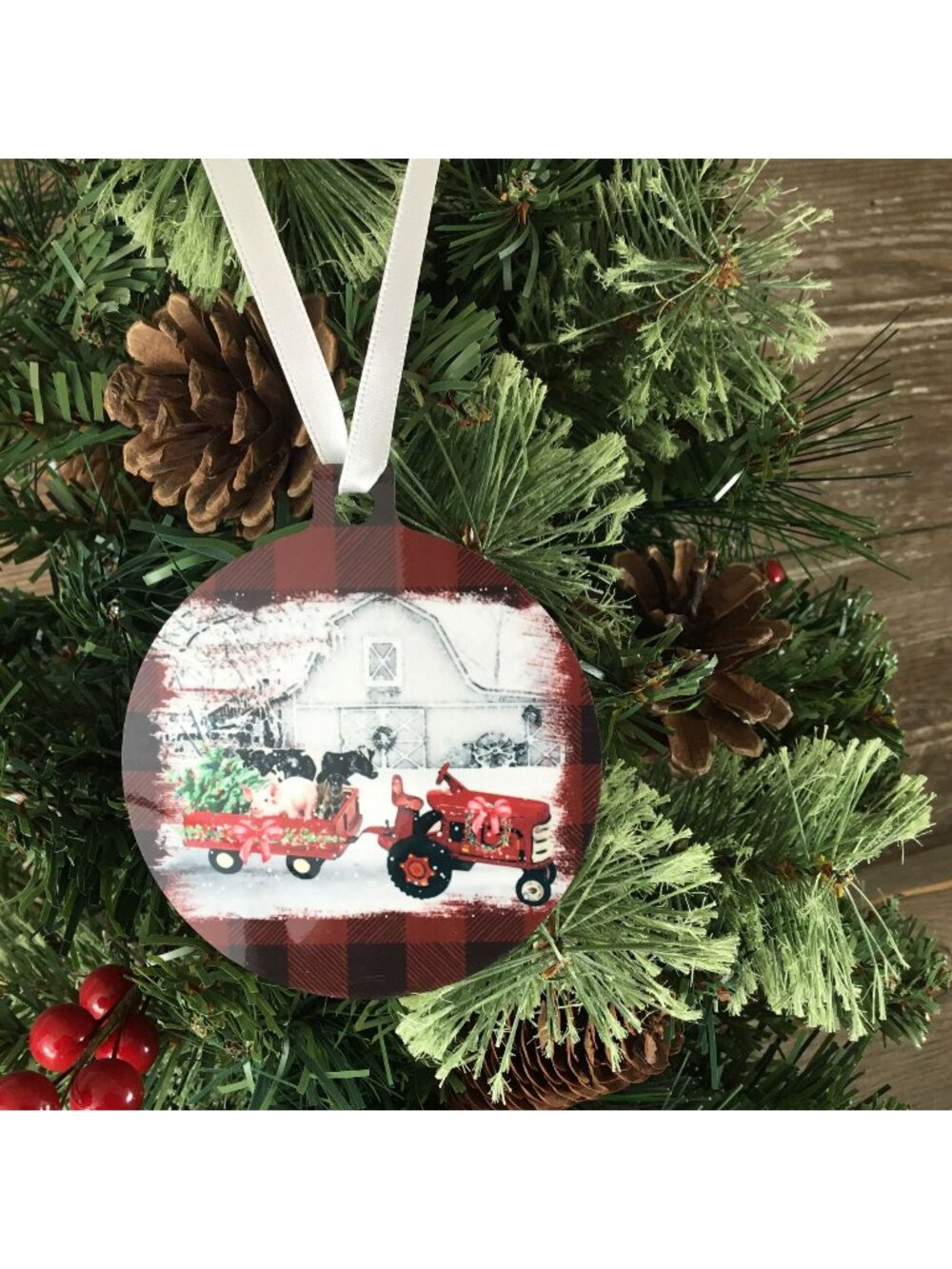 Farmhouse Tractor & Barn Plaid Christmas Ornament Double-Sided Aluminum